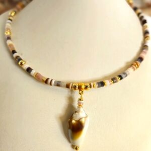 Beach Necklace Made W/ Agate, Pink Opal & Natural Sea Shell Pendant In GP